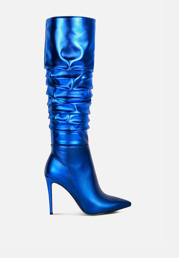 new expession blue metallic ruched stiletto calf boots#color_blue