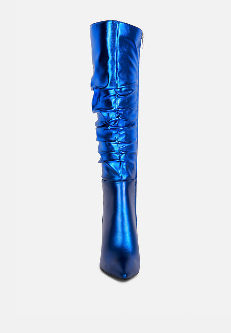 new expession blue metallic ruched stiletto calf boots#color_blue