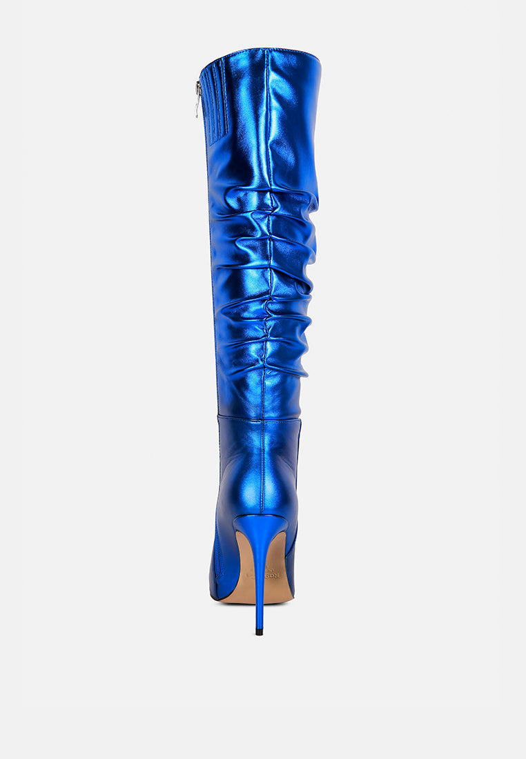 new expession blue metallic ruched stiletto calf boots#color_blue