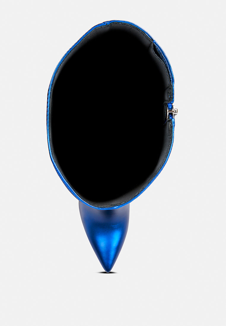 new expession blue metallic ruched stiletto calf boots#color_blue