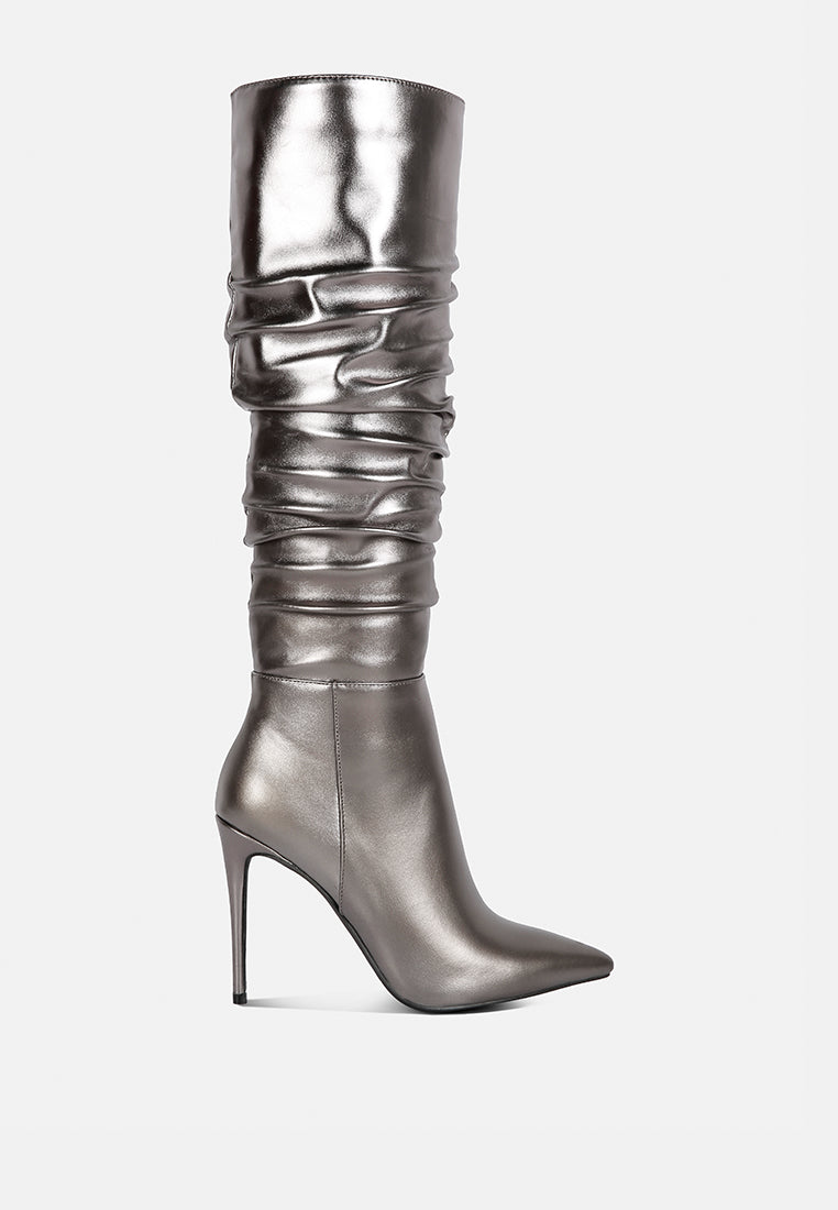 new expession grey metallic ruched stiletto calf boots#color_Pewter
