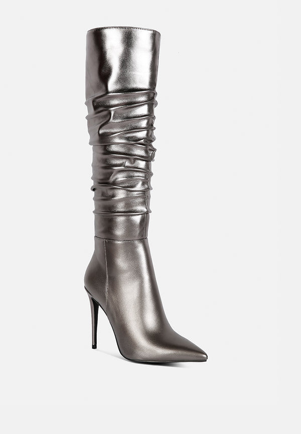 new expession grey metallic ruched stiletto calf boots#color_Pewter