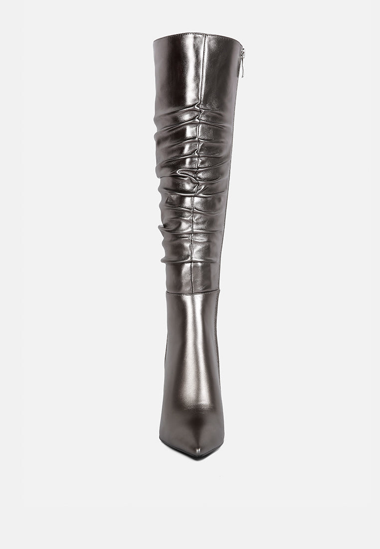 new expession grey metallic ruched stiletto calf boots#color_Pewter
