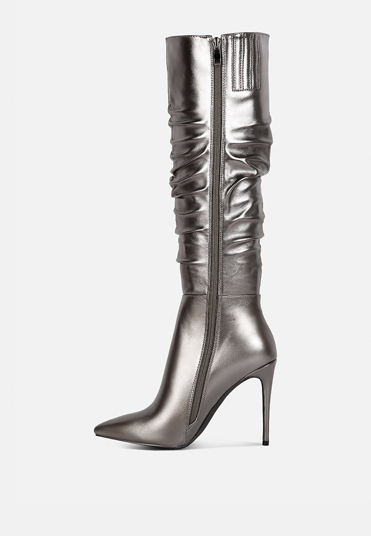 new expession grey metallic ruched stiletto calf boots#color_Pewter