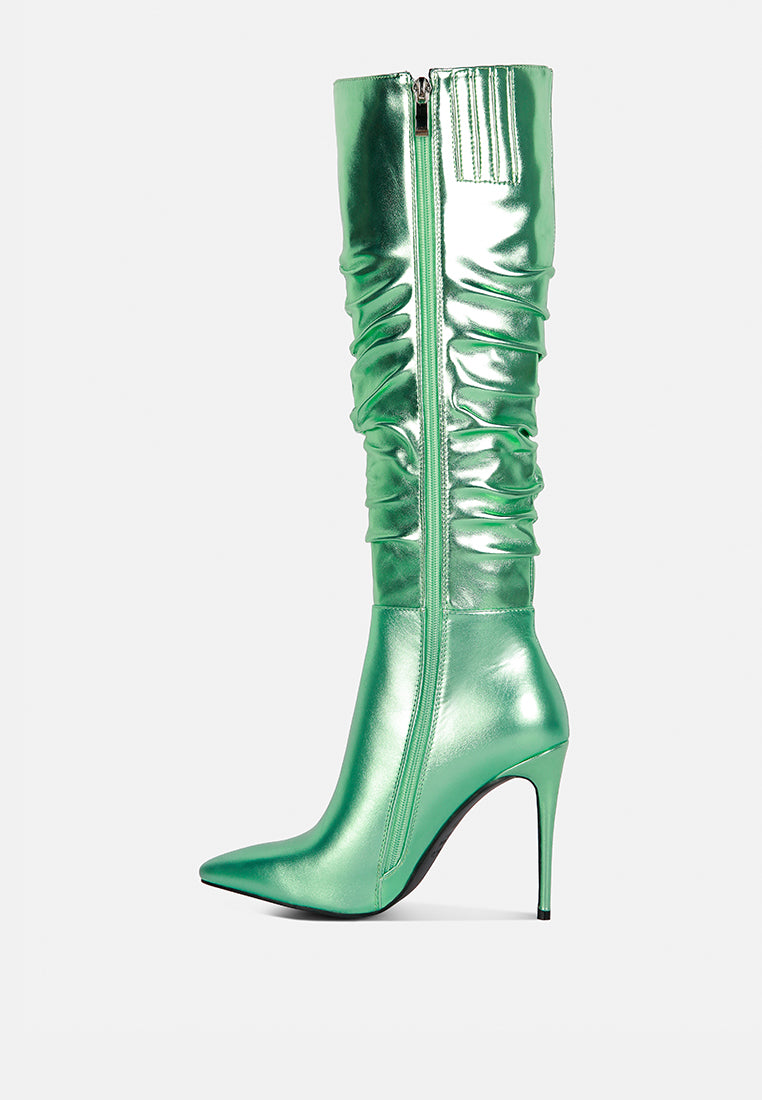 new expession mint green metallic ruched stiletto calf boots#color_mint_green