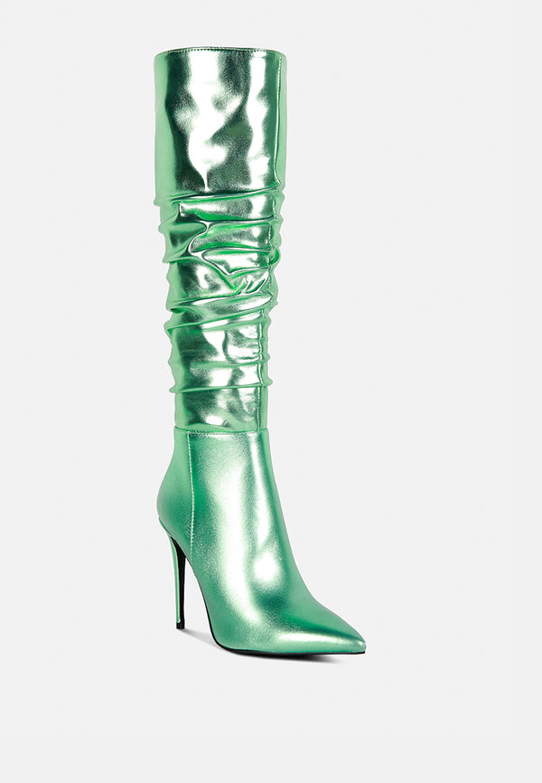 new expession mint green metallic ruched stiletto calf boots#color_mint_green