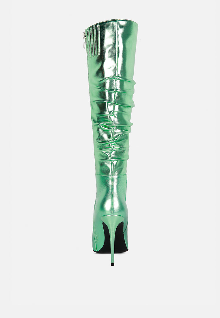 new expession mint green metallic ruched stiletto calf boots#color_mint_green
