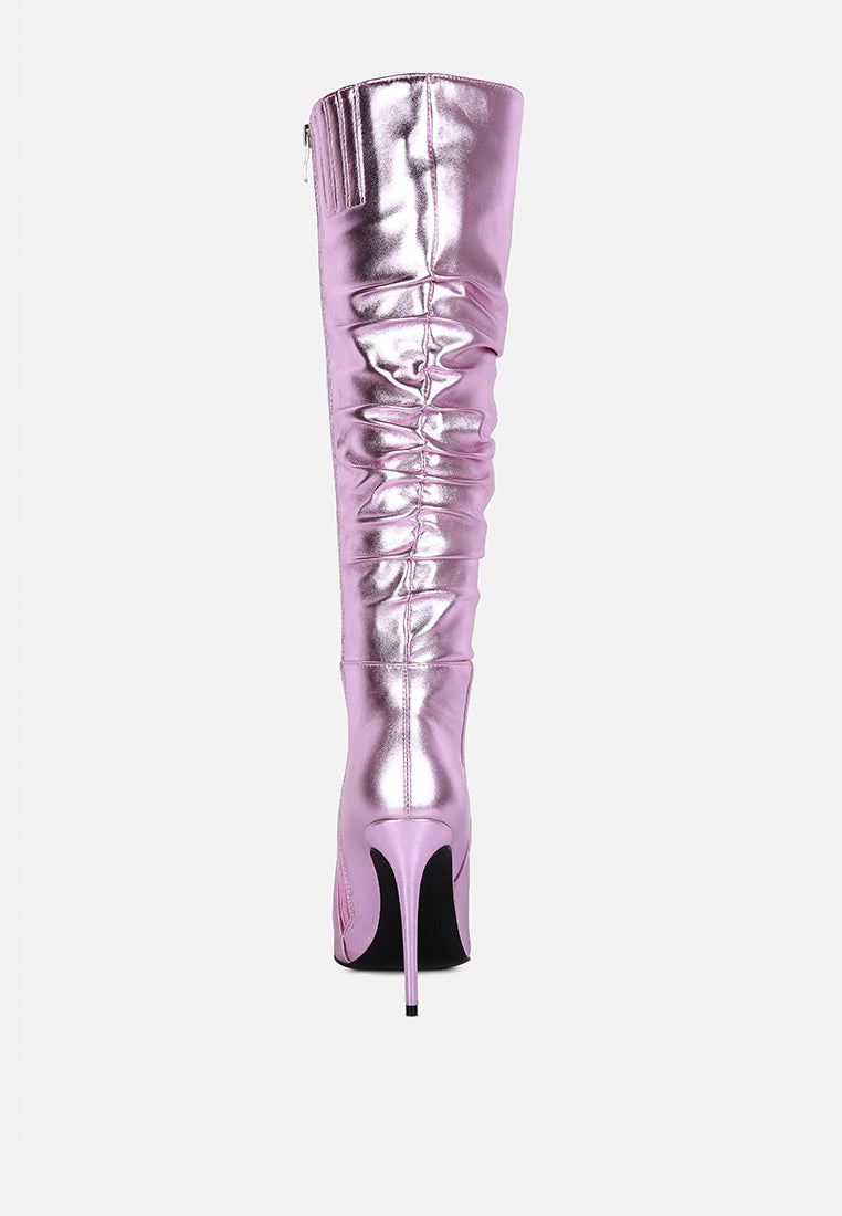 new expession pink metallic ruched stiletto calf boots#color_pink