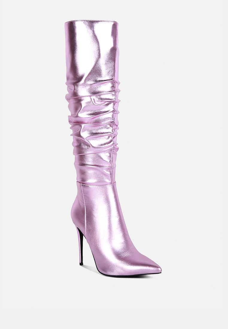 new expession pink metallic ruched stiletto calf boots#color_pink
