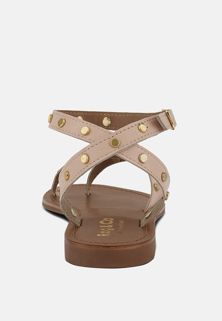 OPRAH Studs Embellished Flat Sandals in Beige#color_beige