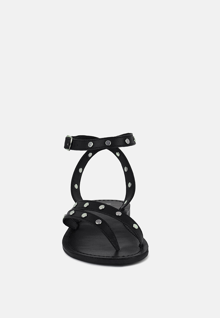 OPRAH Studs Embellished Flat Sandals in Black#color_black