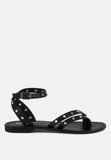 OPRAH Studs Embellished Flat Sandals in Black#color_black