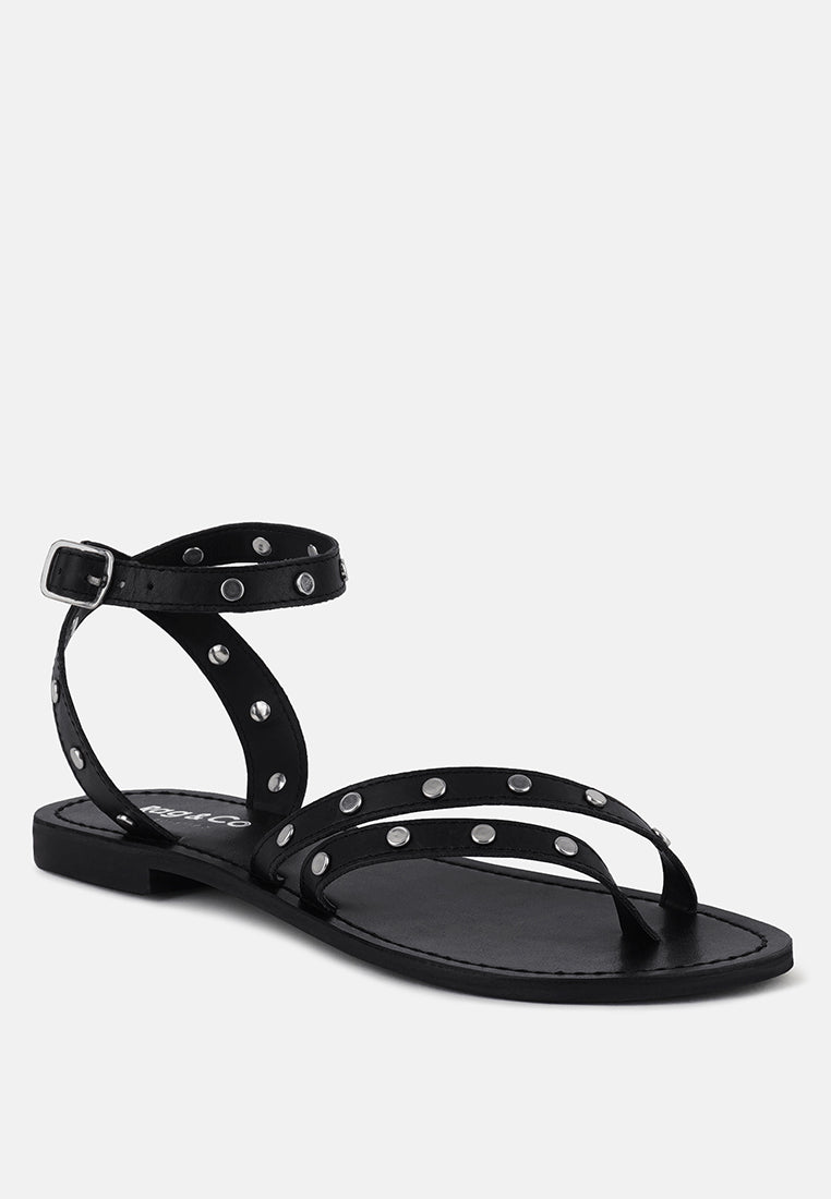 OPRAH Studs Embellished Flat Sandals in Black#color_black