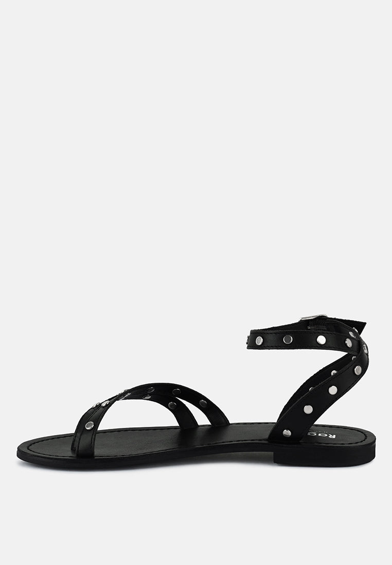 OPRAH Studs Embellished Flat Sandals in Black#color_black