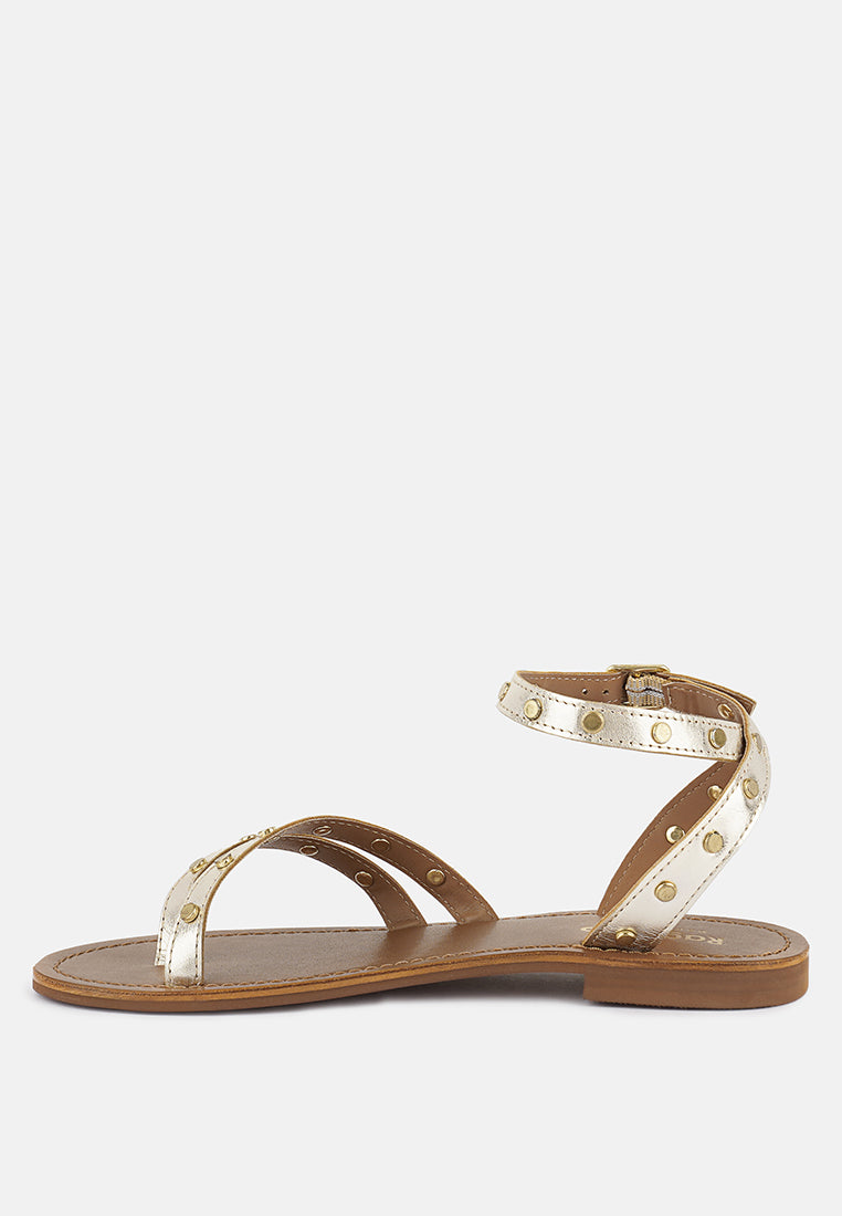 OPRAH Studs Embellished Flat Sandals in Gold#color_gold