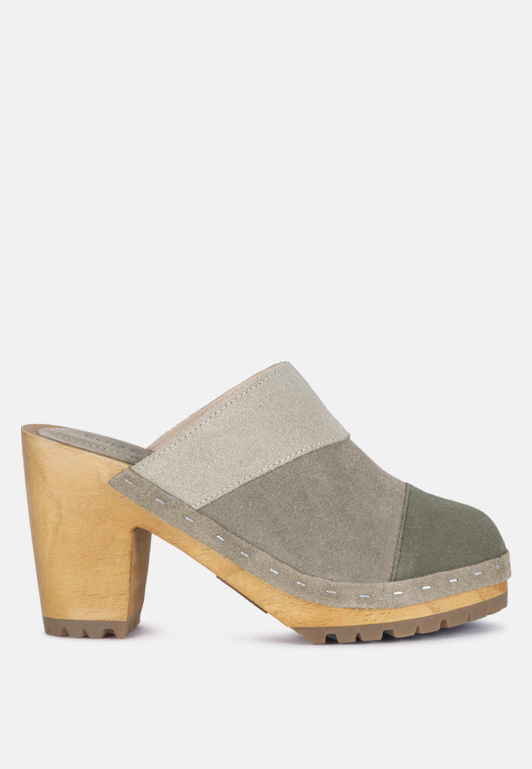 Ochroma Vintage Patchwork Suede Mule Clogs in Olive_Olive