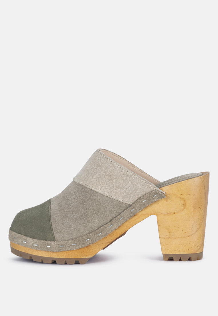 Ochroma Vintage Patchwork Suede Mule Clogs in Olive_Olive