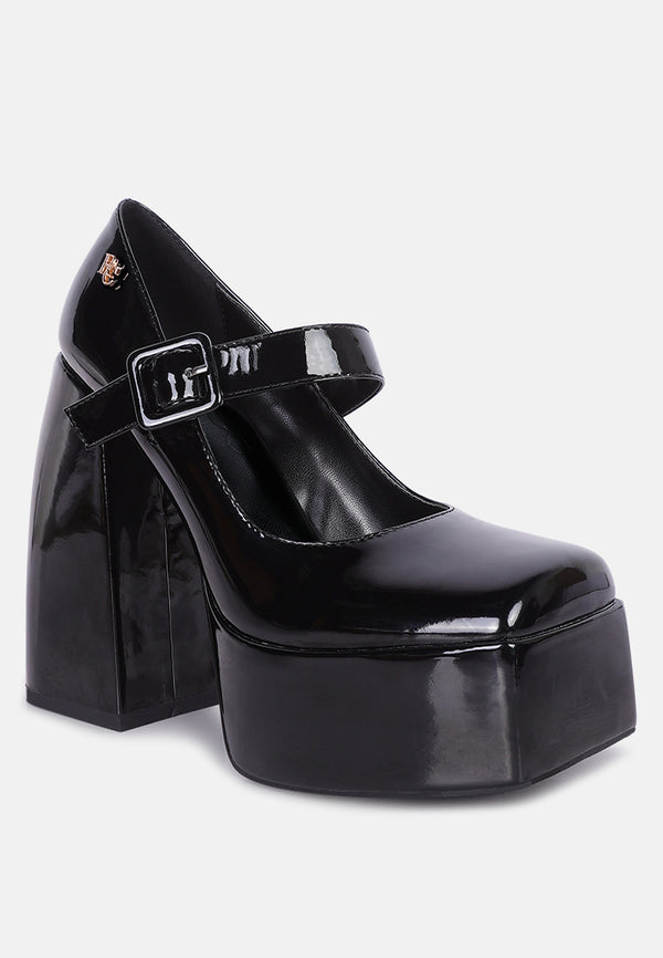 Black Patent Platform Block Heel Mary Jane Shoes | New Look