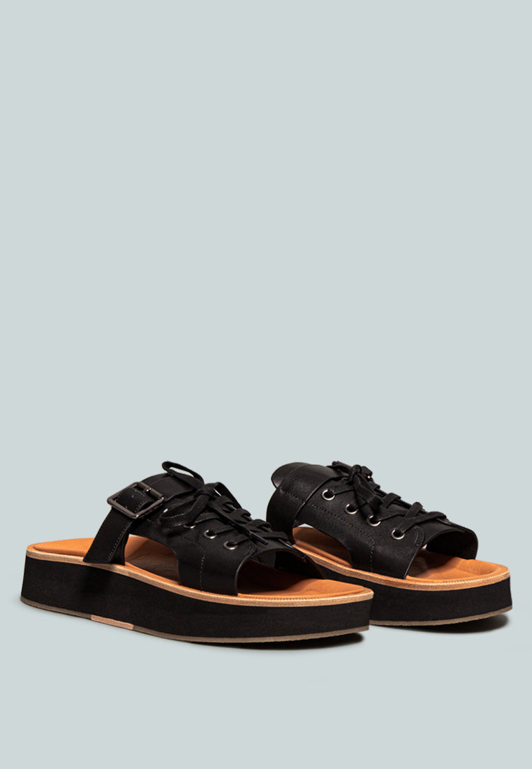 PATTON Black Lace Up Buckled Platform Sandals_Black