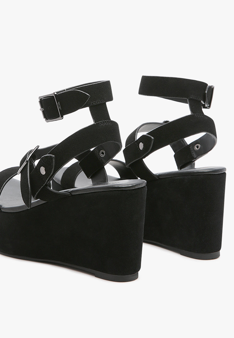 PORTIA Leather Wedge Sandal in Black-Black
