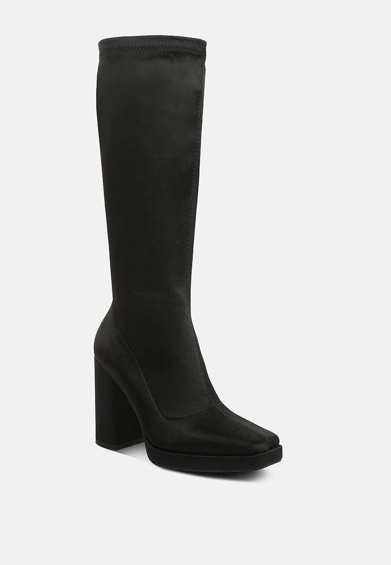 presto black stretchable satin long boot#color_black