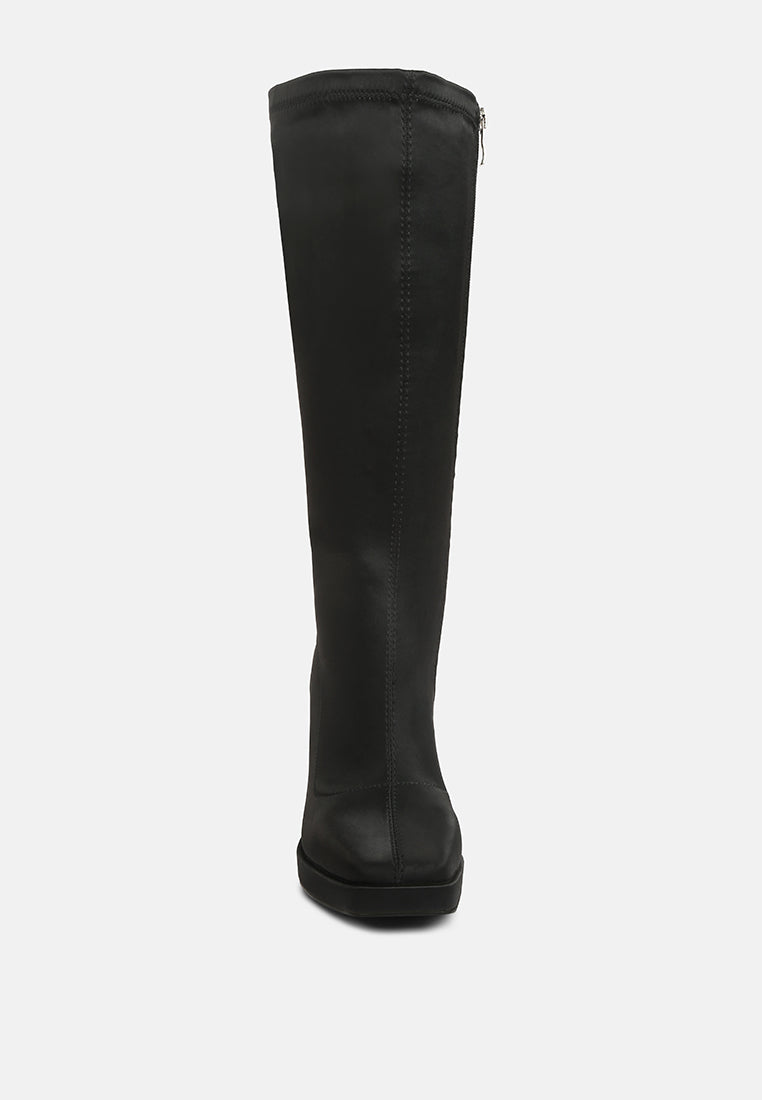 presto black stretchable satin long boot#color_black
