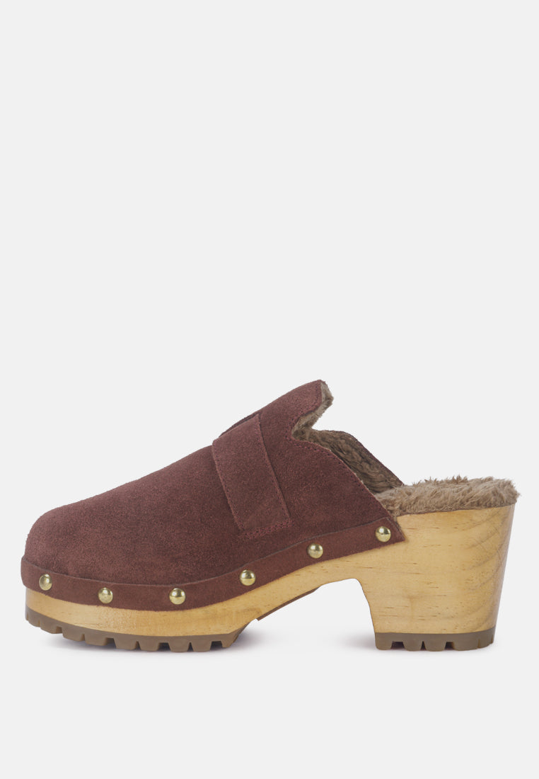 PRUNUS Brown Buckled Suede Round Toe Mule Clogs-Brown