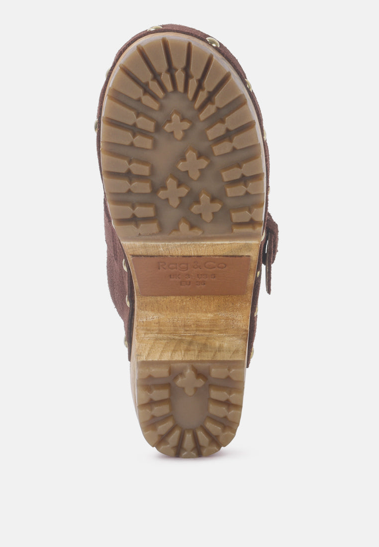 PRUNUS Brown Buckled Suede Round Toe Mule Clogs-Brown