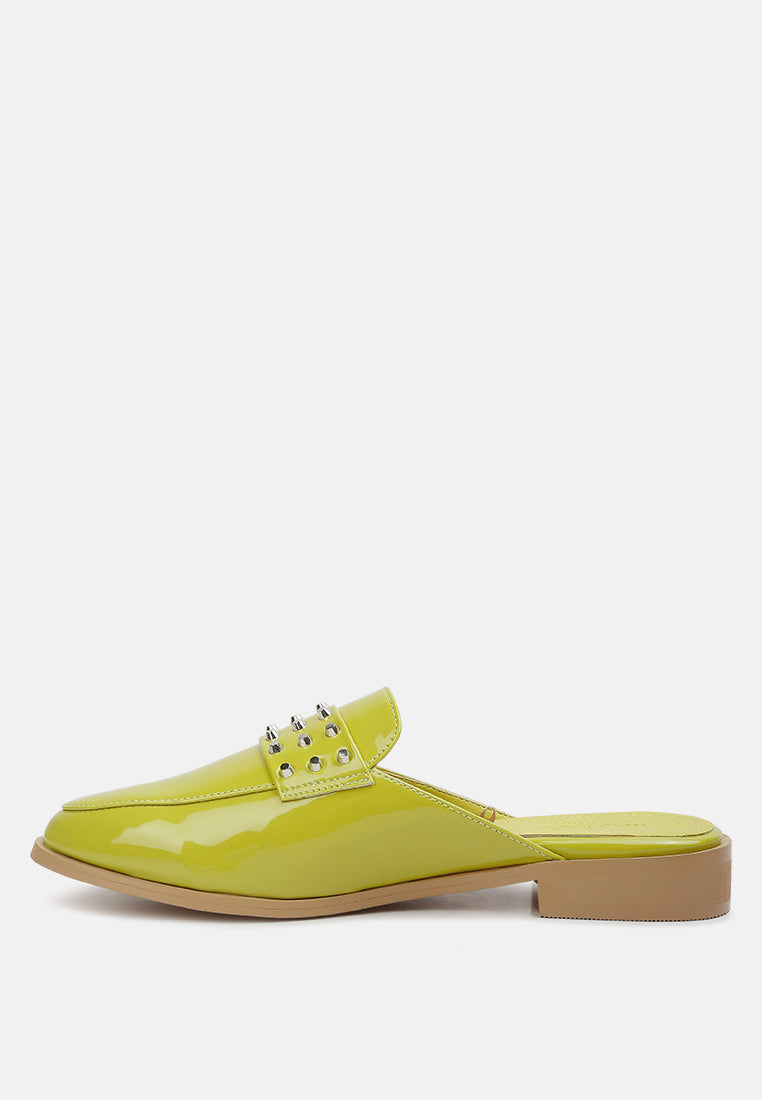 YASHTA Lime Green Patent Studded Flat Mules_lime-green