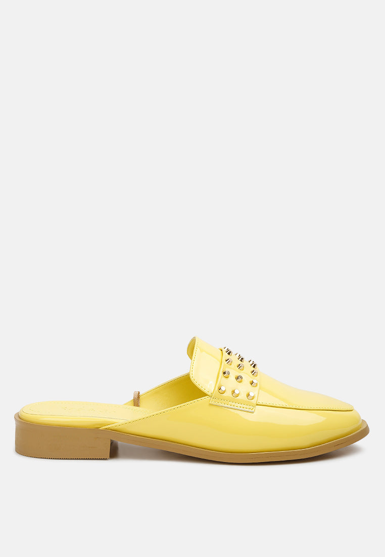 YASHTA Yellow Patent Studded Flat Mules#color_yellow