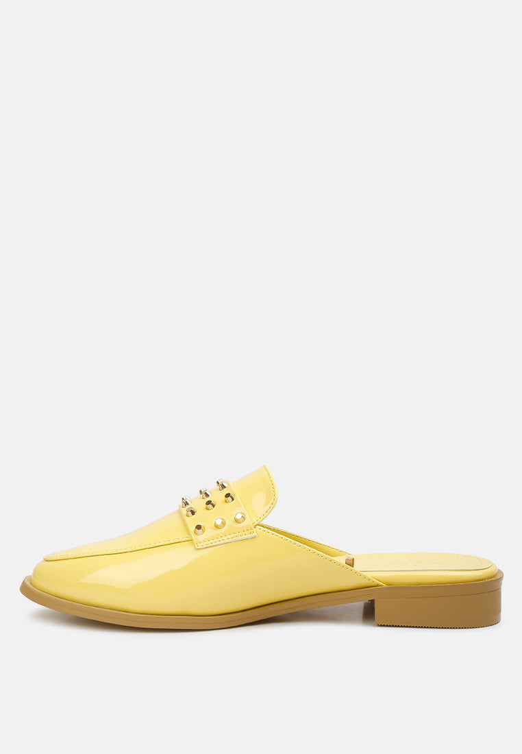 YASHTA Yellow Patent Studded Flat Mules#color_yellow