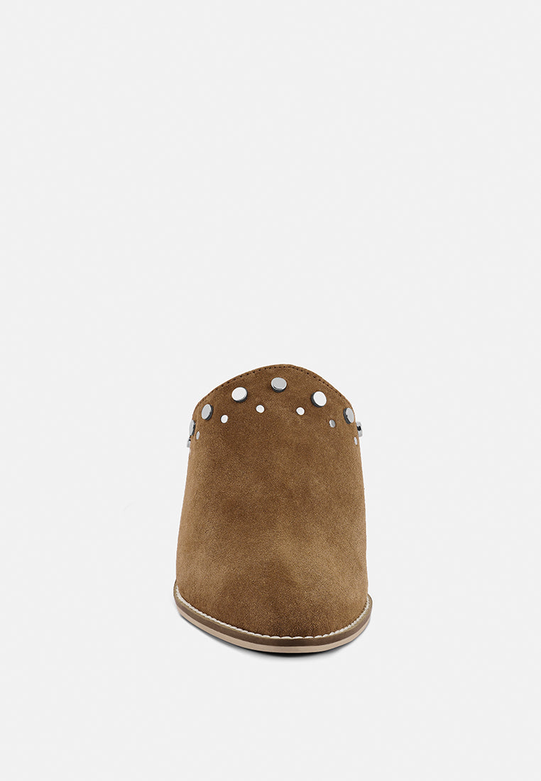 LESLIE Tan Stacked Heel Mules-Tan