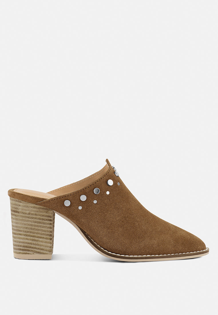 LESLIE Tan Stacked Heel Mules-Tan