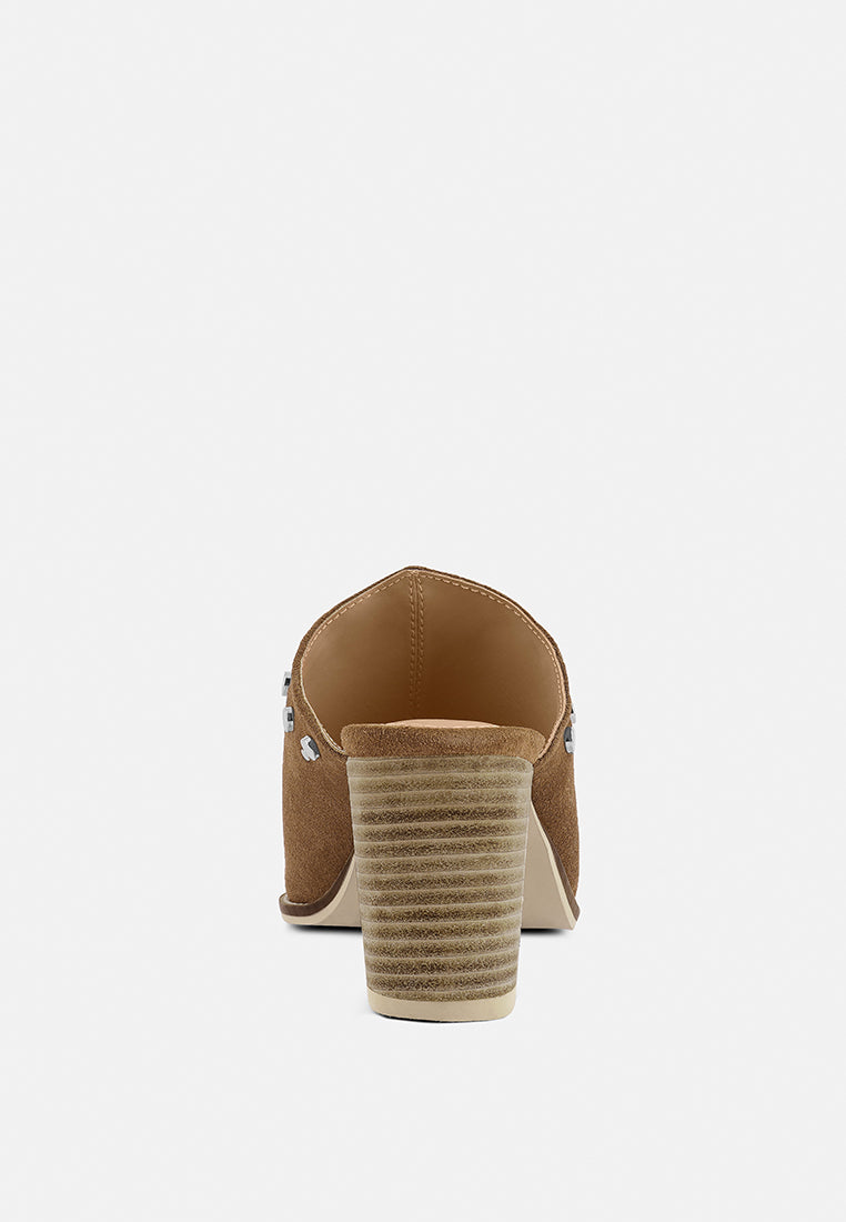 LESLIE Tan Stacked Heel Mules-Tan