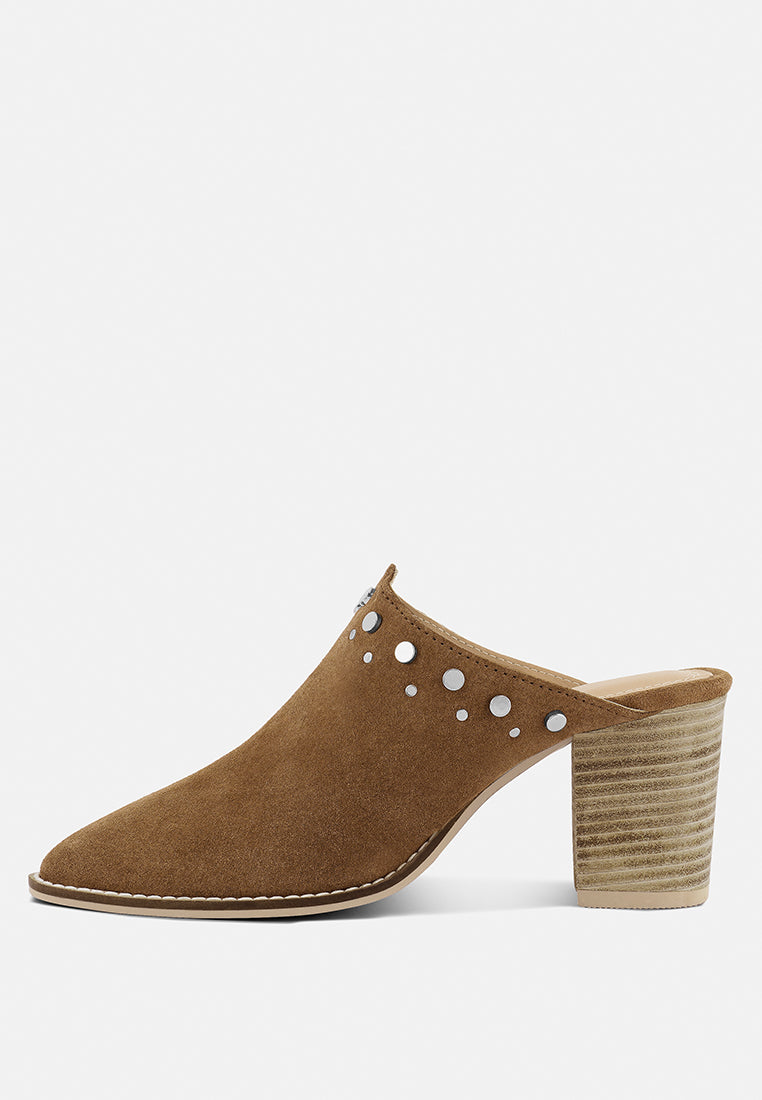 LESLIE Tan Stacked Heel Mules-Tan