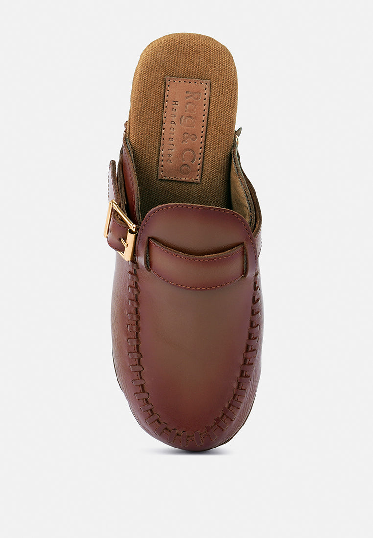 CHOCTAV Dark Tan Handcrafted Leather Clogs_tan