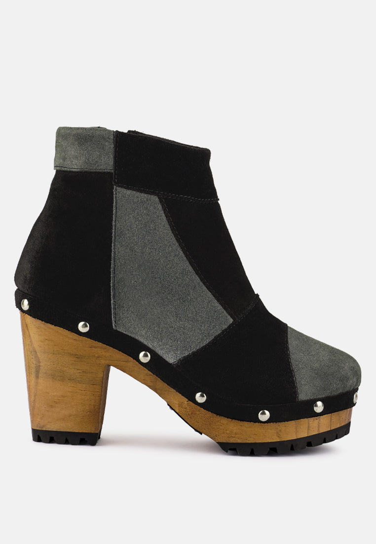 HURON Grey Fine Suede Patchwork Ankle Boots_black-grey
