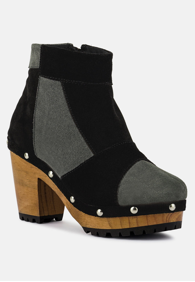 HURON Grey Fine Suede Patchwork Ankle Boots_black-grey