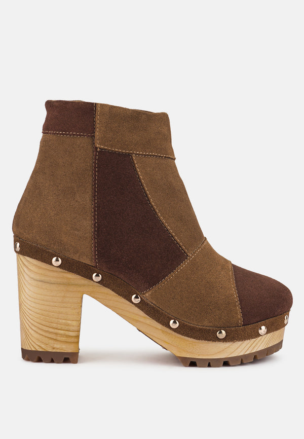 HURON Brown Fine Suede Patchwork Ankle Boots_tan-brown