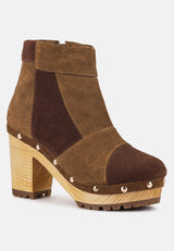 HURON Brown Fine Suede Patchwork Ankle Boots_tan-brown