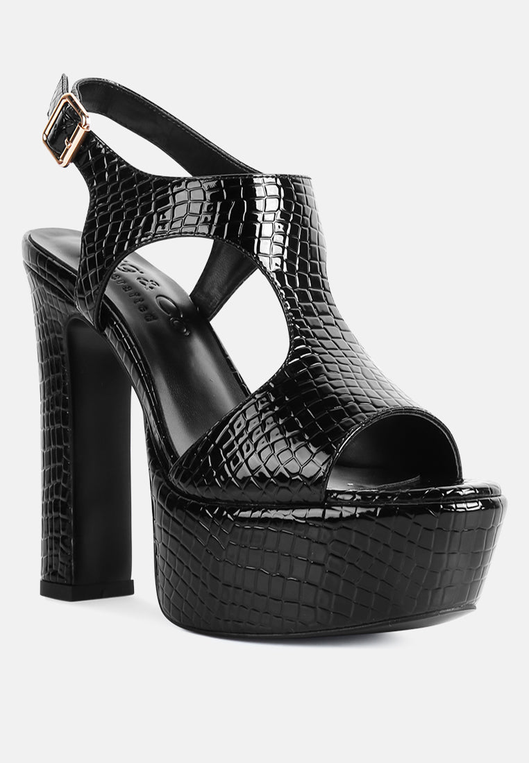 CROFT Croc High Heeled Cut Out Sandals in Black_Black