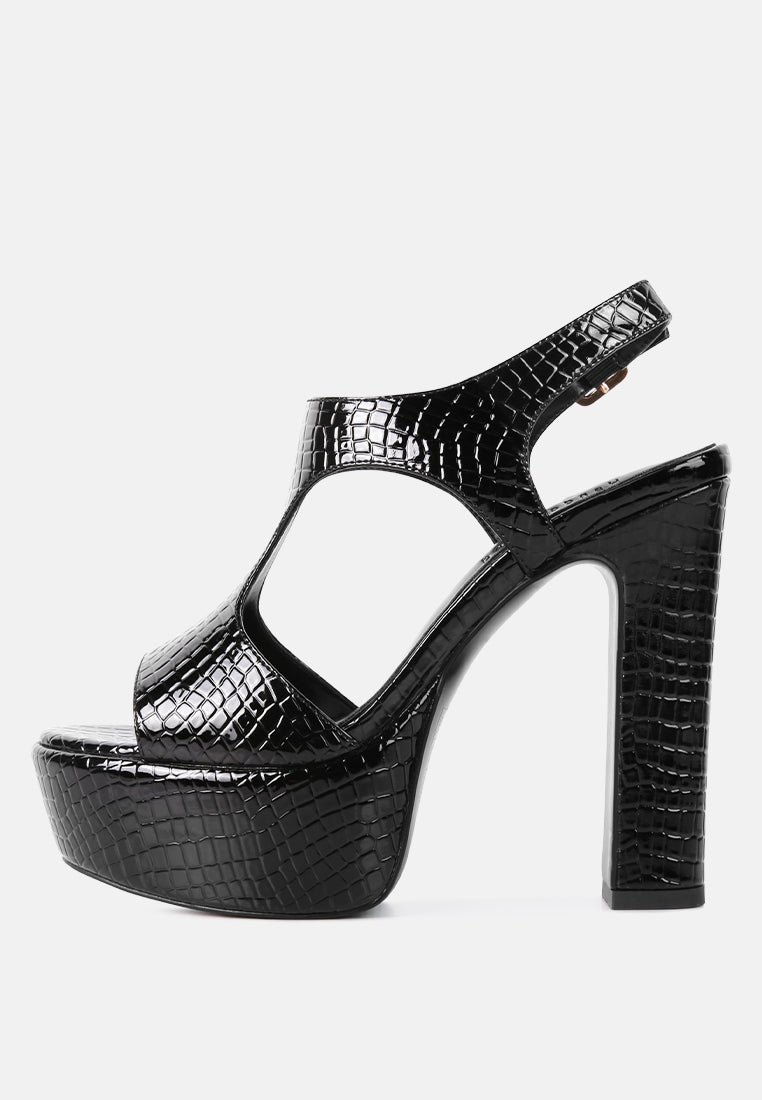 CROFT Croc High Heeled Cut Out Sandals in Black_Black