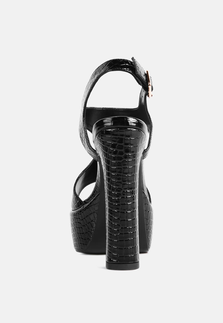 CROFT Croc High Heeled Cut Out Sandals in Black_Black