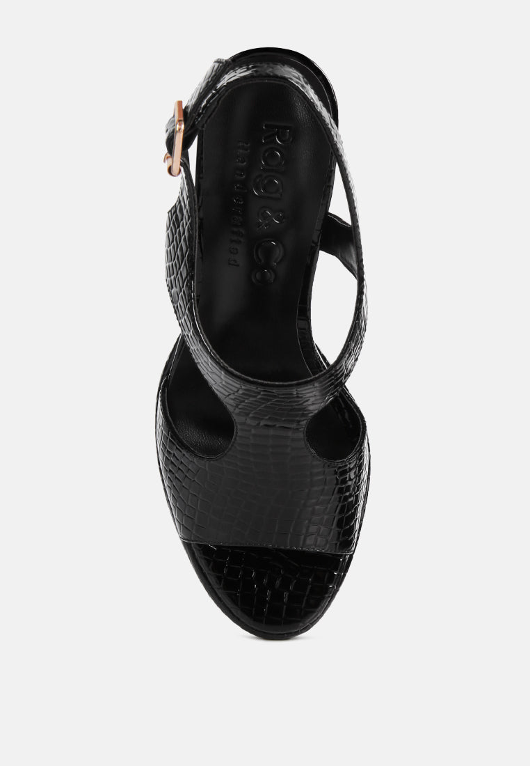CROFT Croc High Heeled Cut Out Sandals in Black_Black
