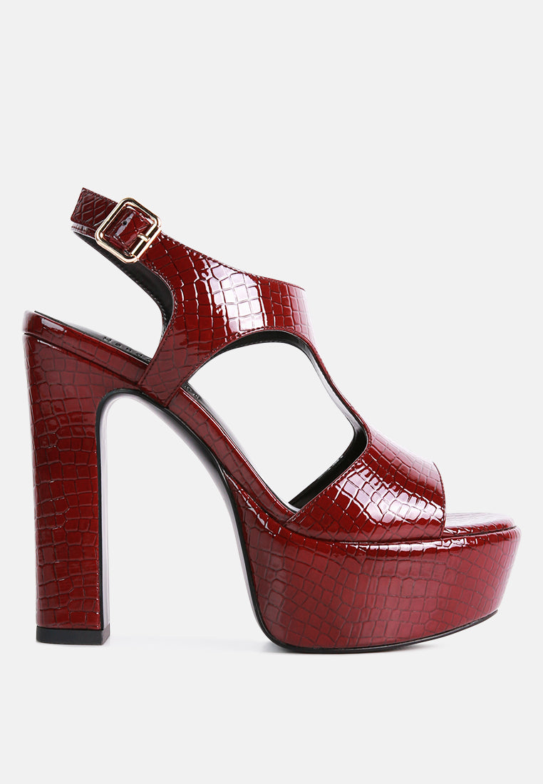 CROFT Croc High Heeled Cut Out Sandals in Burgundy_Burgundy