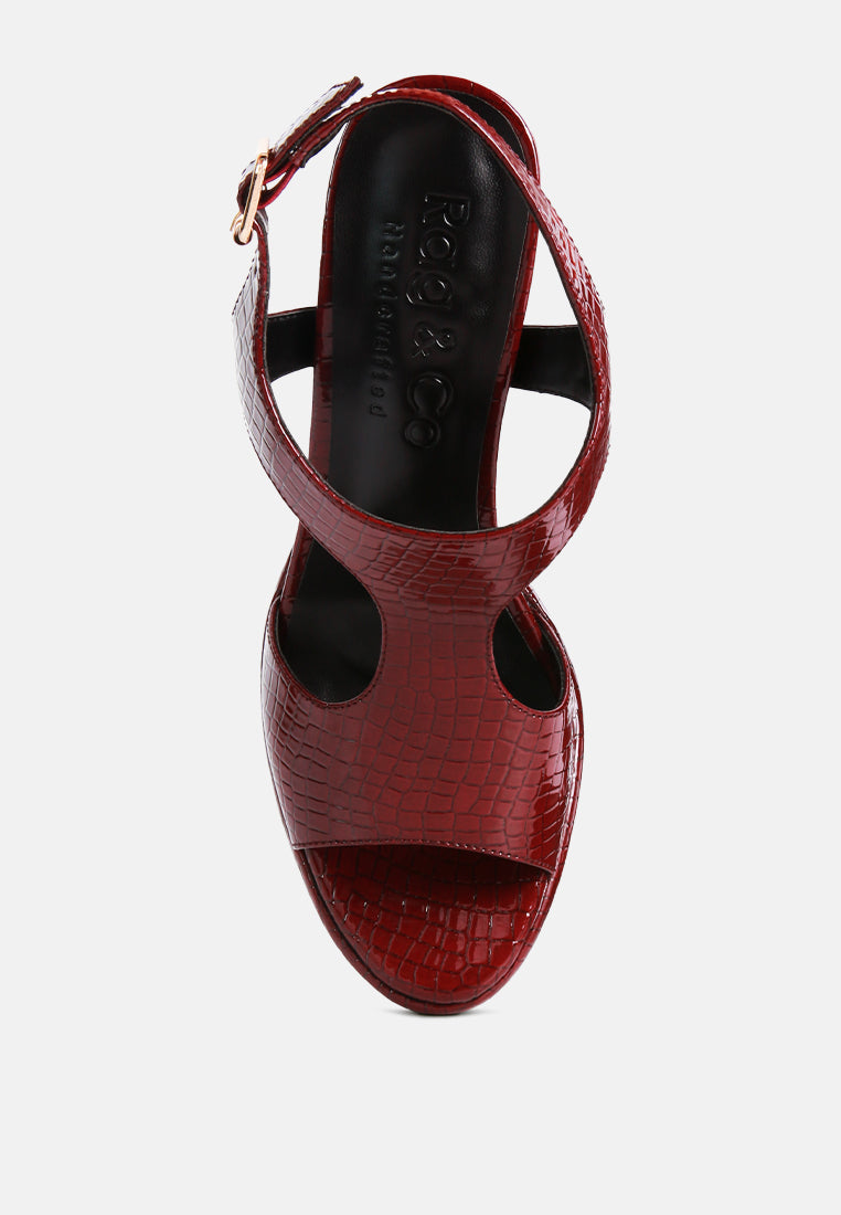 CROFT Croc High Heeled Cut Out Sandals in Burgundy_Burgundy