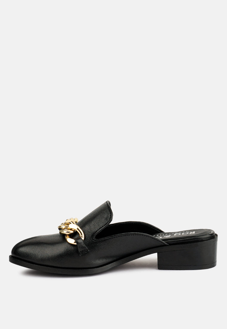 AKSA Chain Embellished Black Leather Mules#color_black