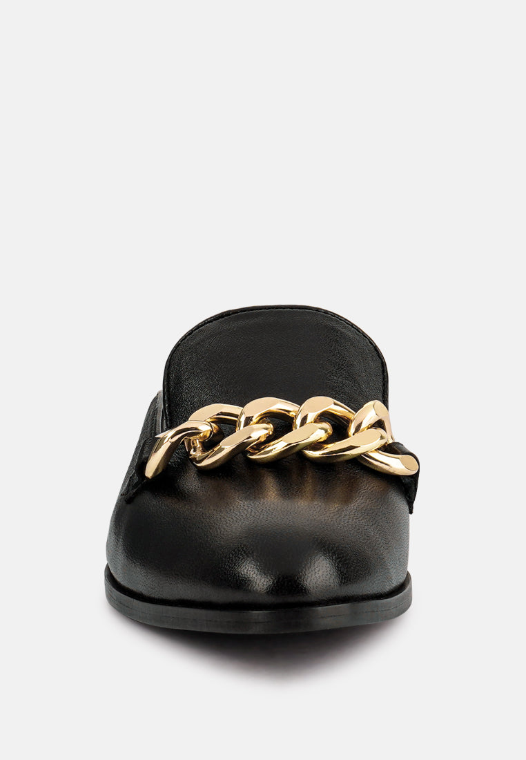AKSA Chain Embellished Black Leather Mules#color_black