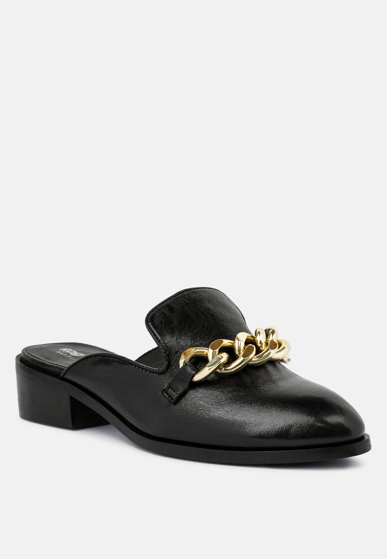 AKSA Chain Embellished Black Leather Mules#color_black