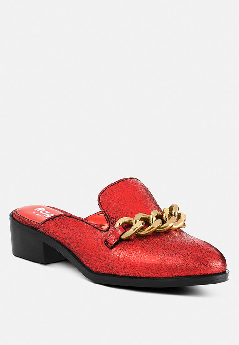 AKSA Chain Embellished Metallic Red Leather Mules#color_red
